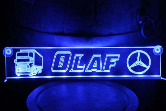 LED Truckerschild / LKW Namensschild Olaf Blau - Gravurmeile