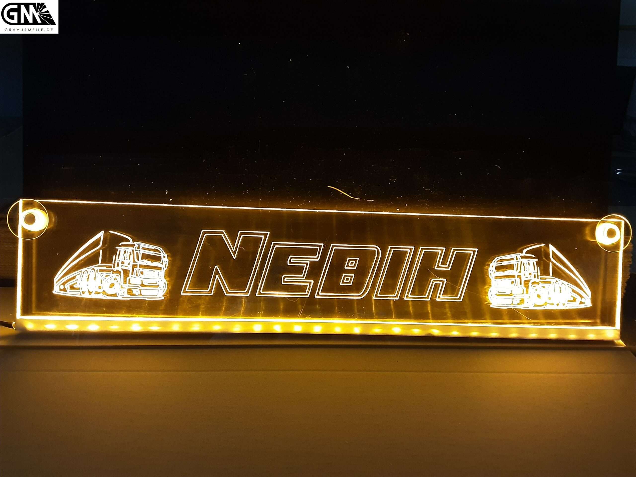 LED Namensschild Detailzeichnung Lastzug Gravur Stefan oder Wunschname  auf Rechteckplatte - Truckerschild Neonschild Leuchtschild